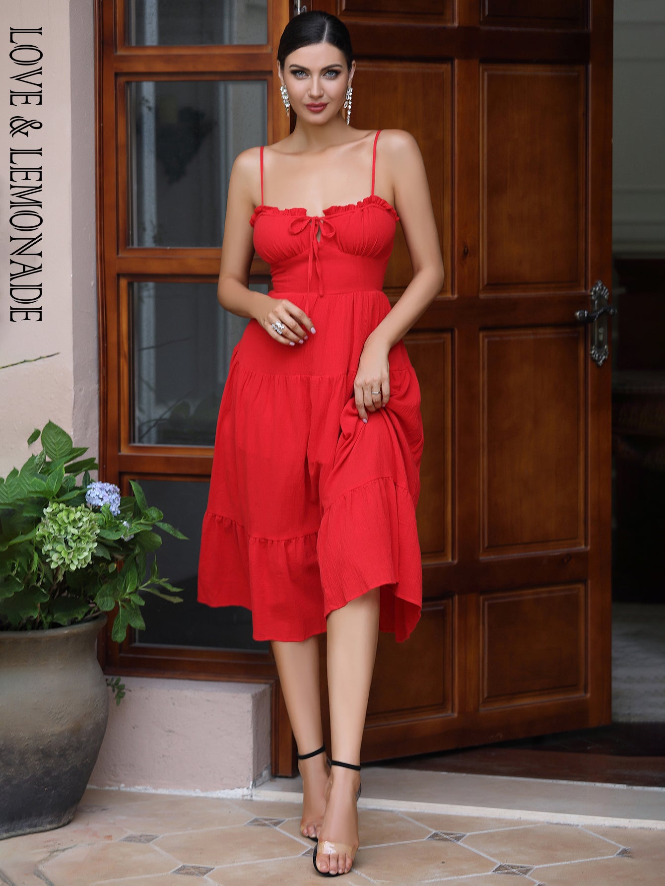 LOVE&LEMONADE Casual Tube Top Strap Red Striped A-Line Spring And Summer Beach Mid-Length Dress LM83519-MIX