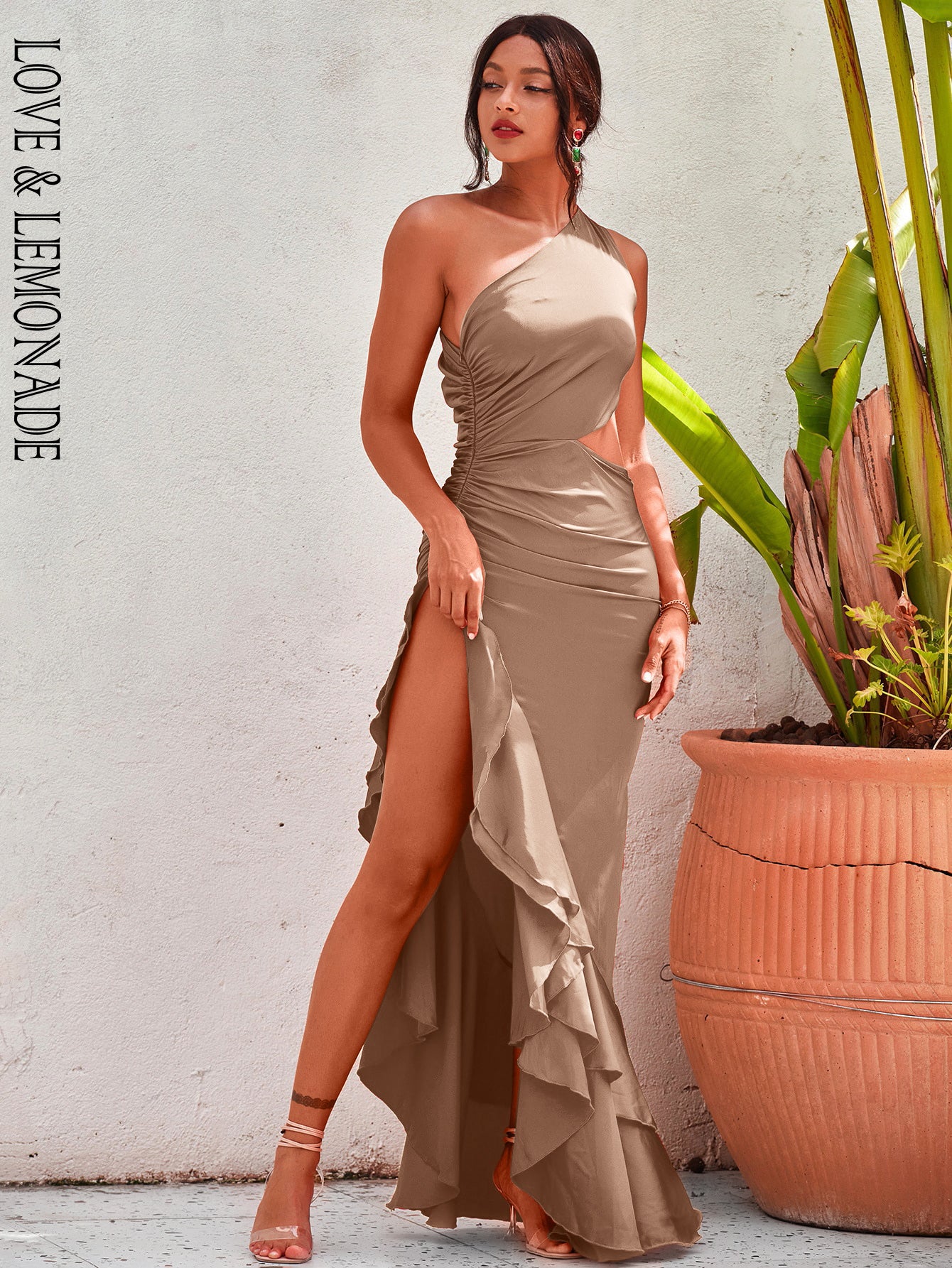 LOVE&LEMONADE Sexy Brown Off-Shoulder Cut-Out Split Ruffled Reflective Satin Party Maxi Dress LM82202-A