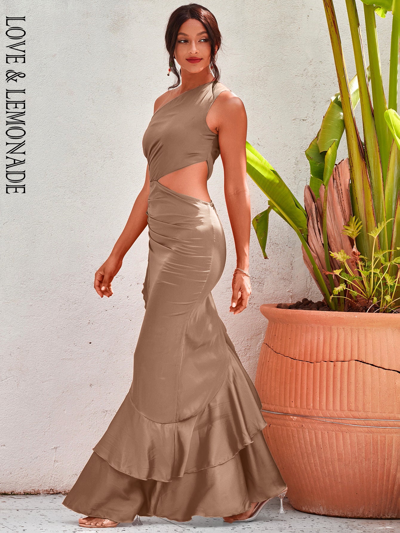 LOVE&LEMONADE Sexy Brown Off-Shoulder Cut-Out Split Ruffled Reflective Satin Party Maxi Dress LM82202-A