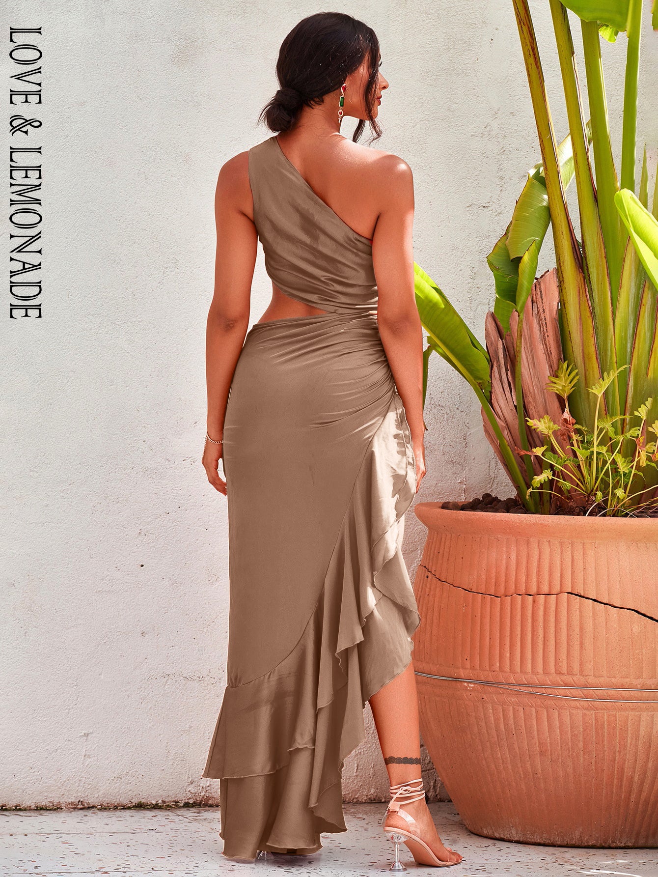 LOVE&LEMONADE Sexy Brown Off-Shoulder Cut-Out Split Ruffled Reflective Satin Party Maxi Dress LM82202-A