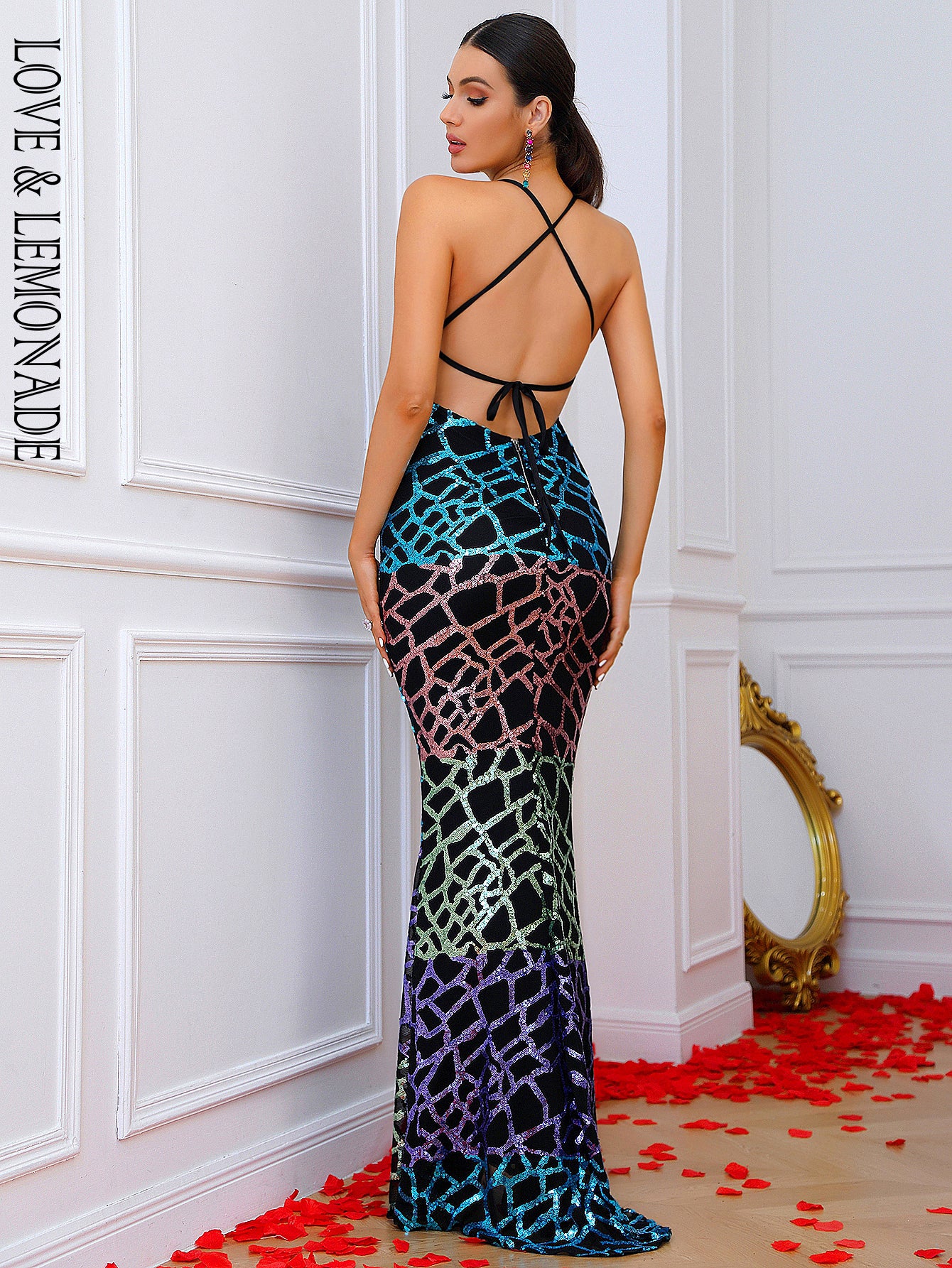 LOVE&LEMONADE Sexy Deep V-Neck Open Back Colorful Elastic Sequins Bodycon Prom Maxi Dress LM81225-A