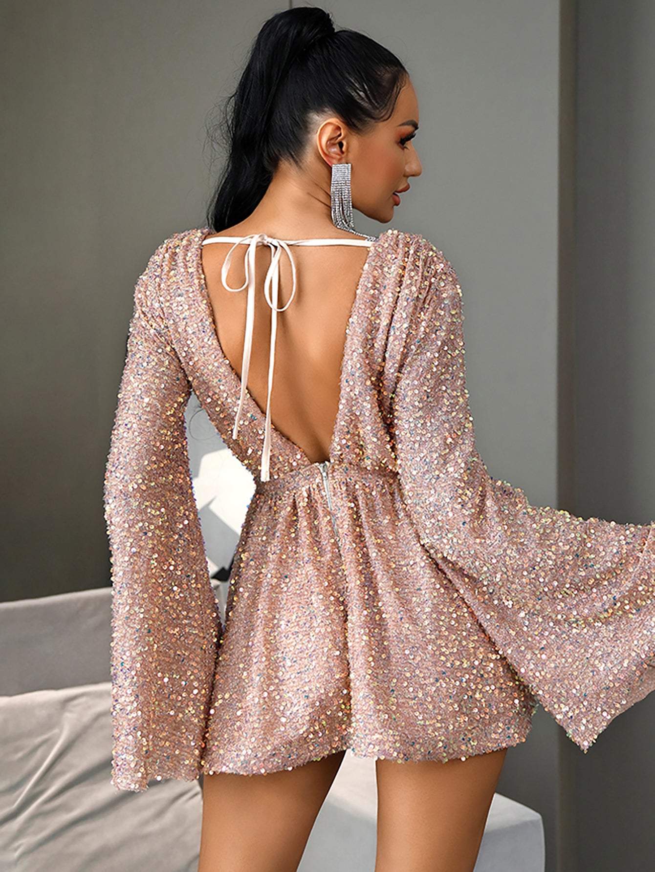 LOVE&LEMONADE Sexy Deep V-Neck Open Back Pink Sequins Flared Long Sleeves X Shape Party Mini Dress LM82911