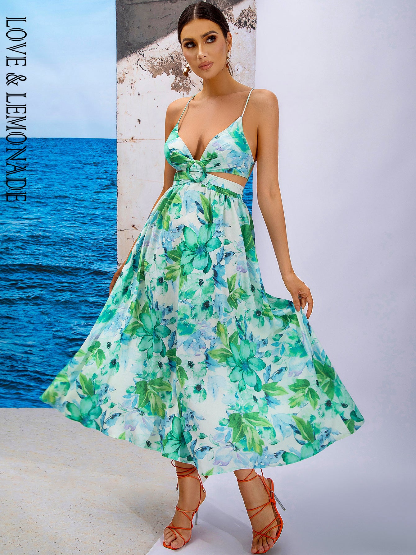 LOVE&LEMONADE Sexy Green Deep V-Neck Tube Top Suspenders Halter Print Spring And Summer Beach Mid-Length Dress WD04193-1 GREEN