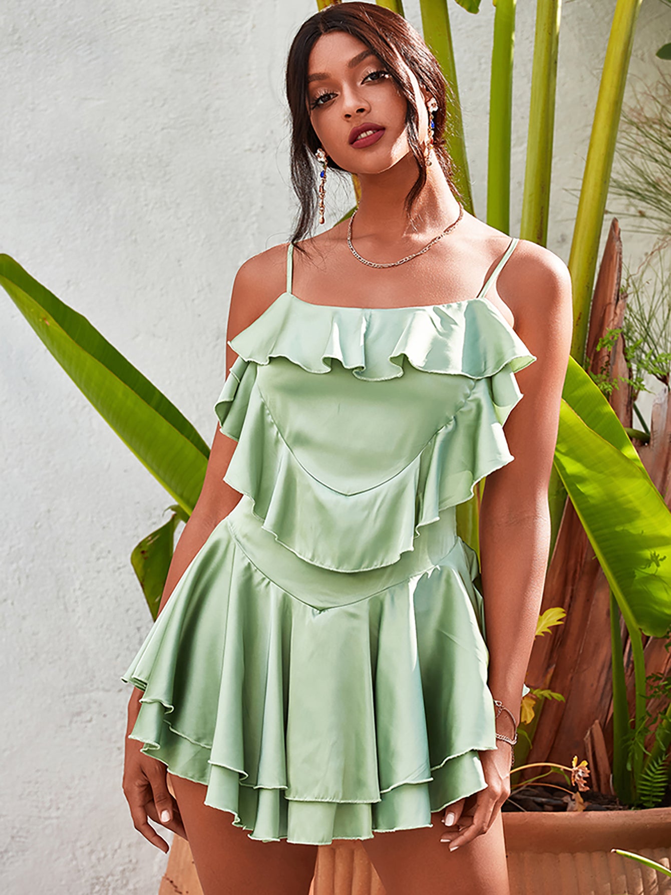 LOVE&LEMONADE Sexy Olive Green Sling Layered Ruffled Reflective Satin A-Line Beach Mini Dress LM82340-B