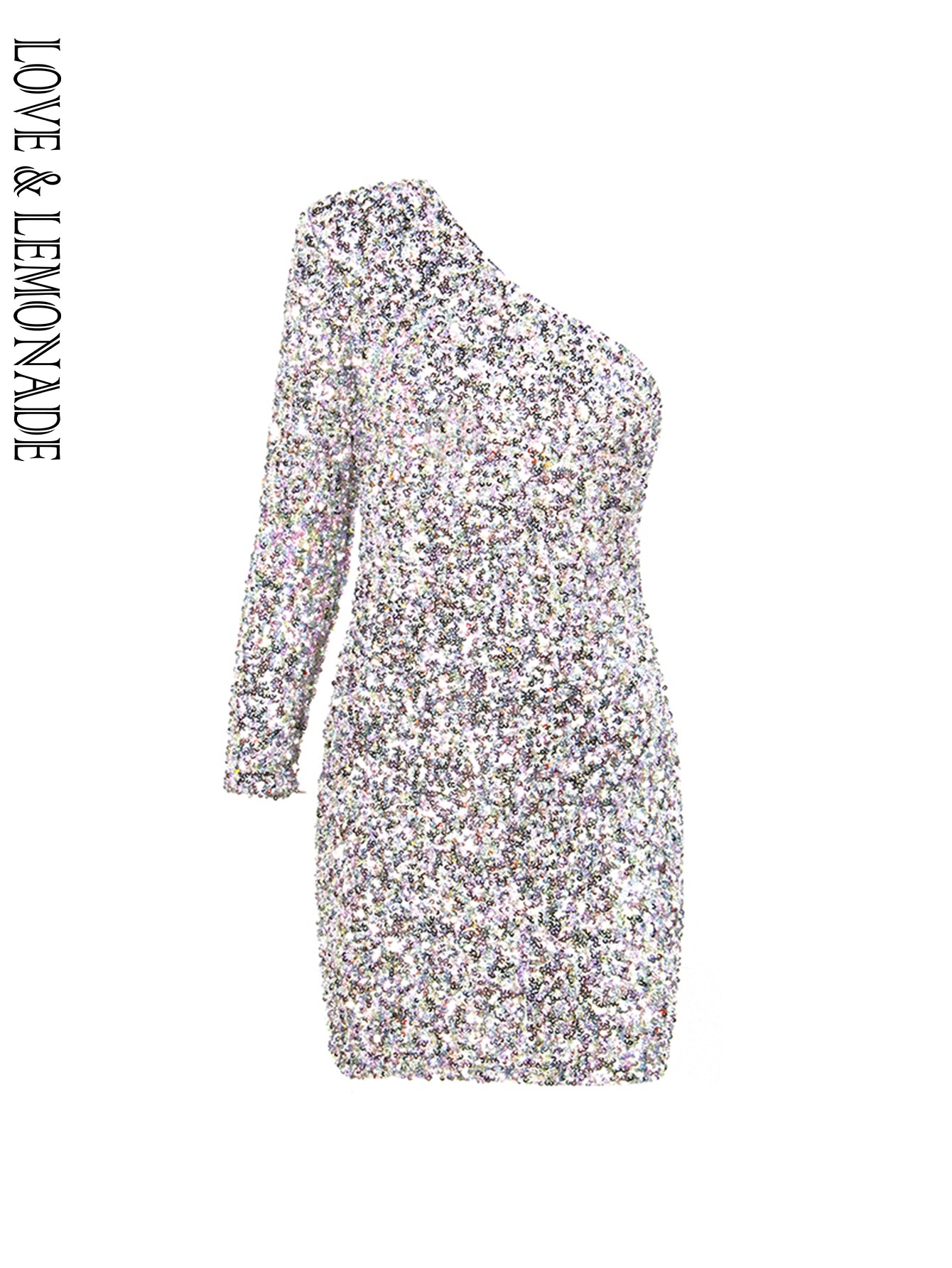 LOVE&LEMONADE Sexy One Shoulder Bodycon Silver Colorful Sequins Party Mini Long Sleeve Dress LM82093