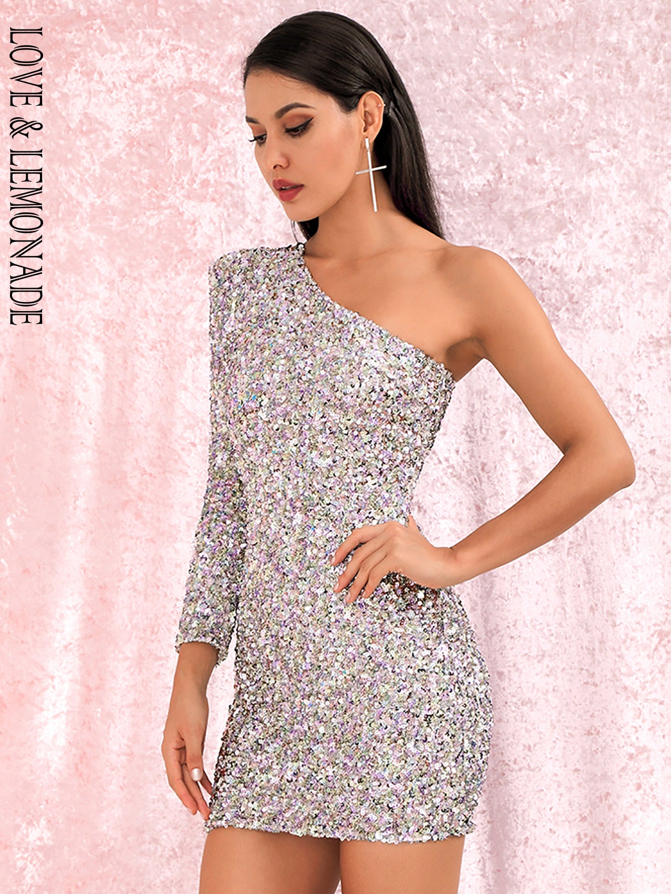 LOVE&LEMONADE Sexy One Shoulder Bodycon Silver Colorful Sequins Party Mini Long Sleeve Dress LM82093
