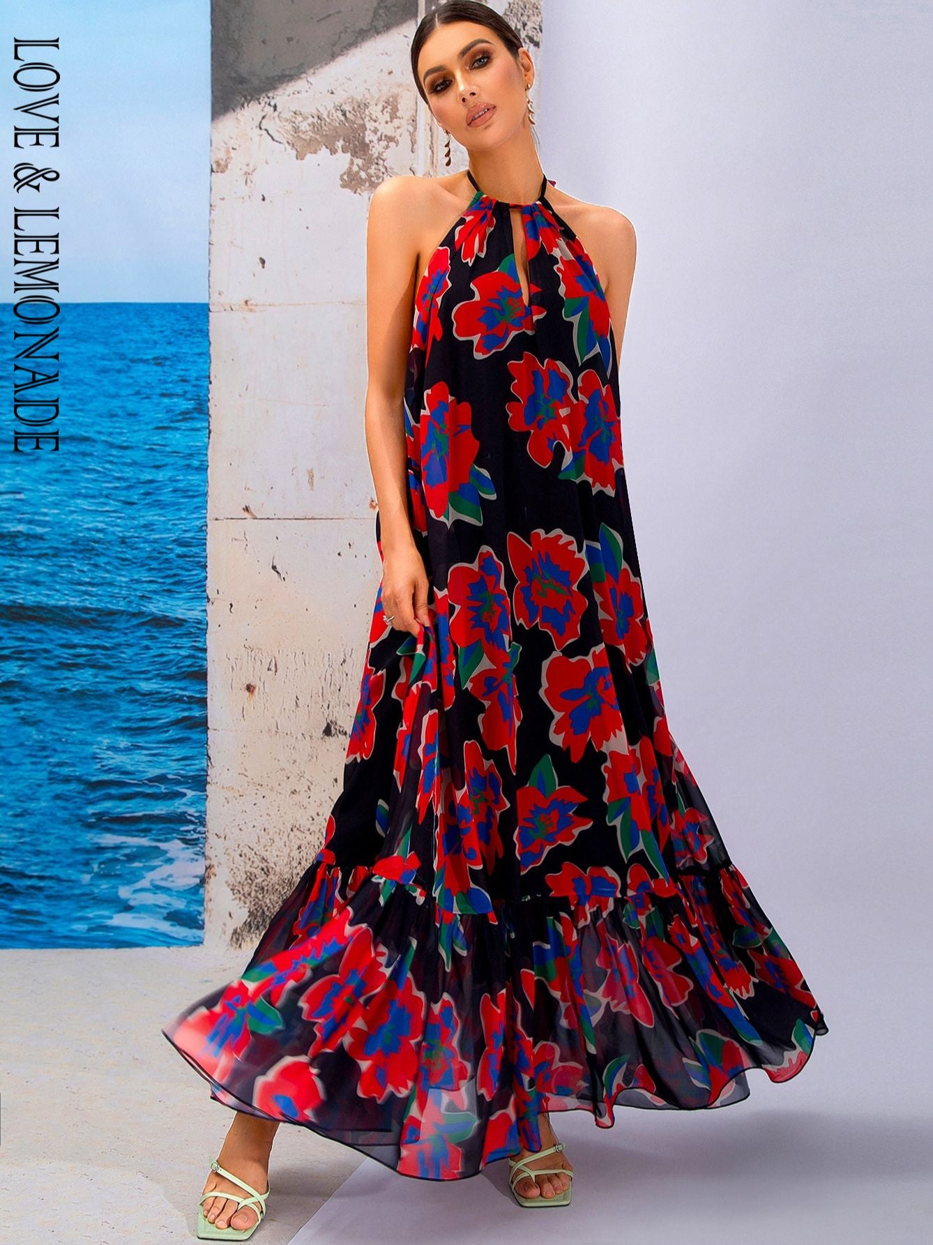LOVE&LEMONADE Sexy Red Print Sleeveless Hollow A-Line Halter Beach Long Dress LM83203-2