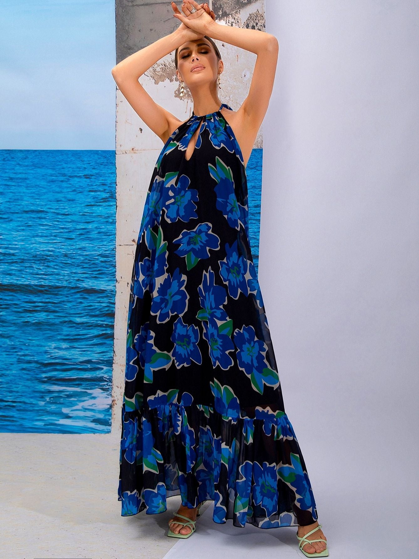 LOVE&LEMONADE Sexy Red Print Sleeveless Hollow A-Line Halter Beach Long Dress LM83203-2