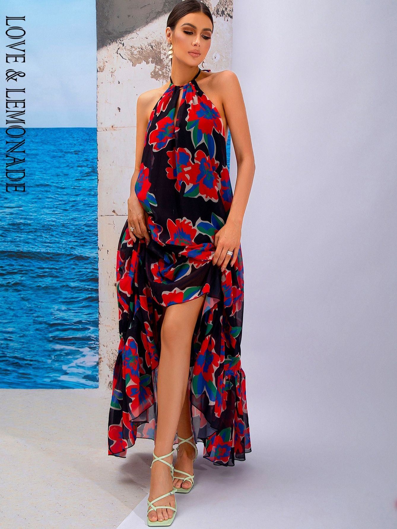 LOVE&LEMONADE Sexy Red Print Sleeveless Hollow A-Line Halter Beach Long Dress LM83203-2