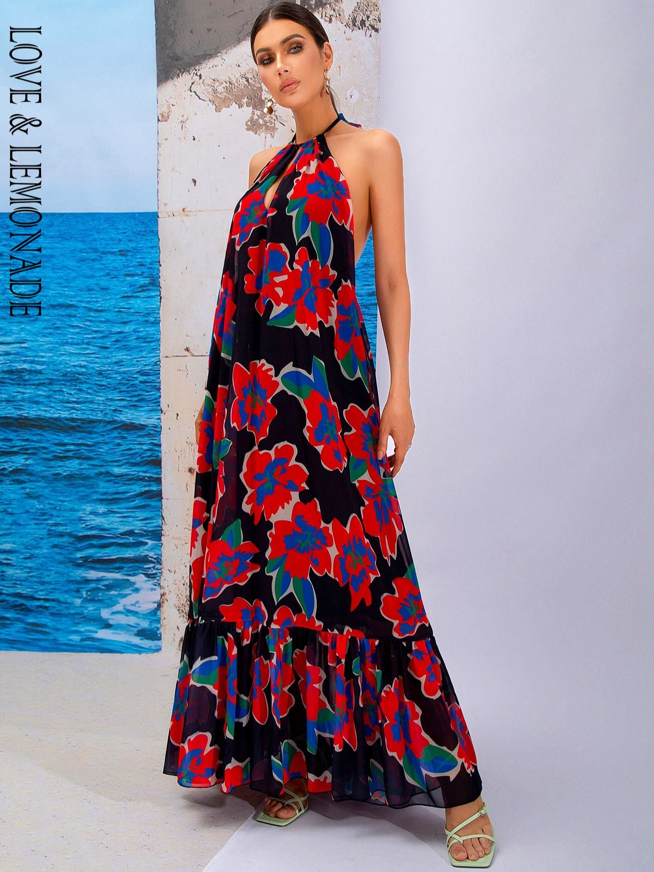 LOVE&LEMONADE Sexy Red Print Sleeveless Hollow A-Line Halter Beach Long Dress LM83203-2