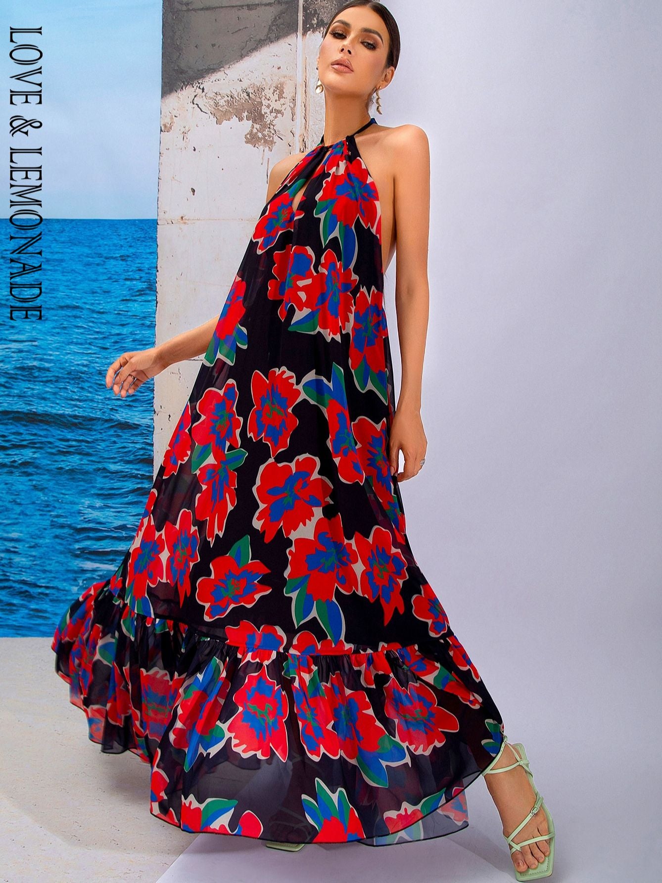 LOVE&LEMONADE Sexy Red Print Sleeveless Hollow A-Line Halter Beach Long Dress LM83203-2