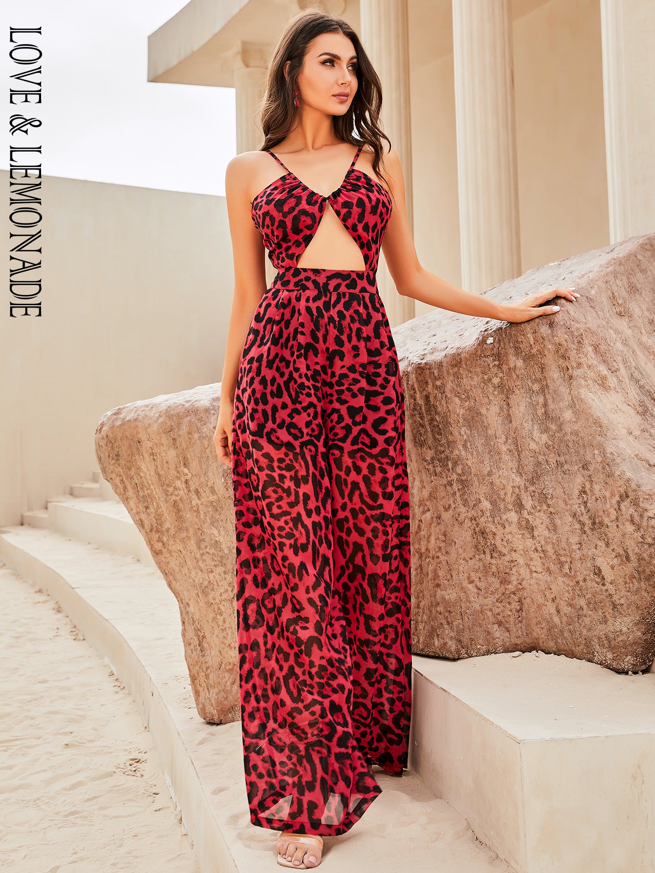 LOVE&LEMONADE Sexy Red Sling Cutout Loose Straight Fit Satin Jumpsuit LM83373