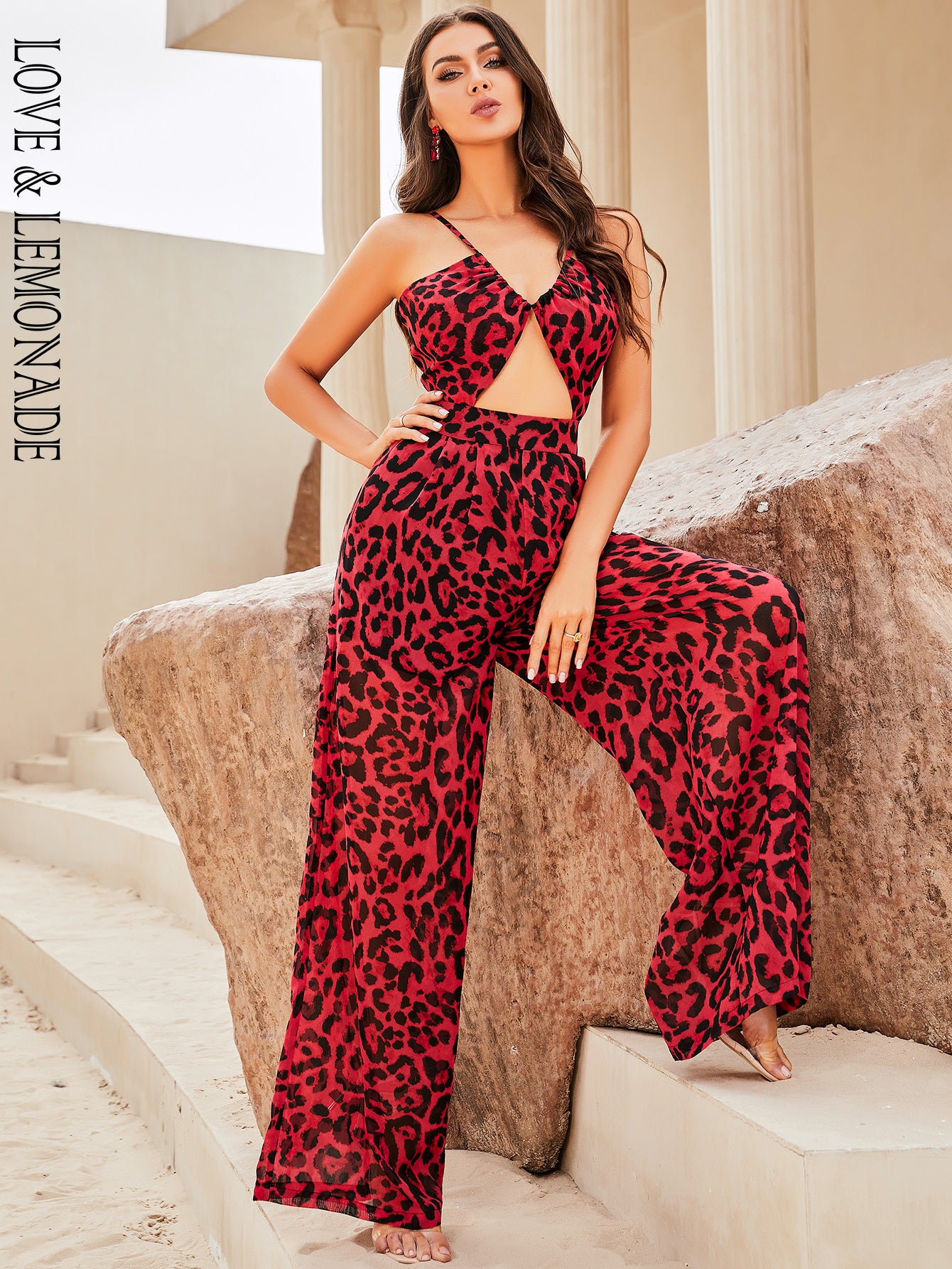 LOVE&LEMONADE Sexy Red Sling Cutout Loose Straight Fit Satin Jumpsuit LM83373