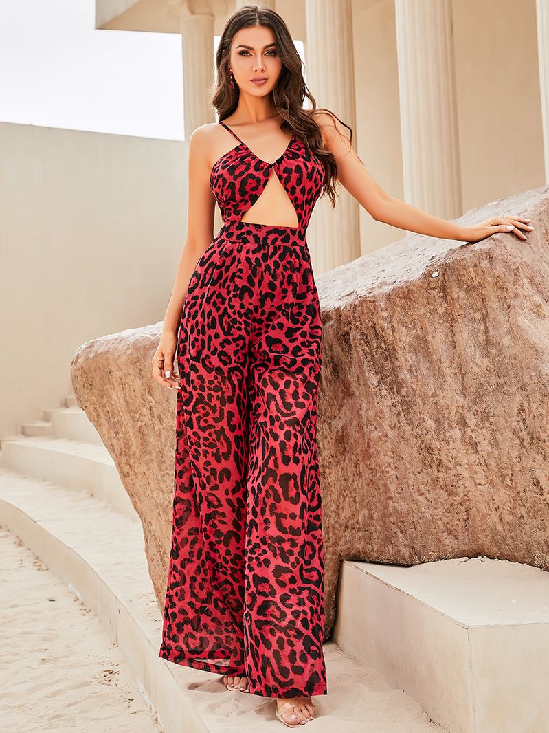 LOVE&LEMONADE Sexy Red Sling Cutout Loose Straight Fit Satin Jumpsuit LM83373