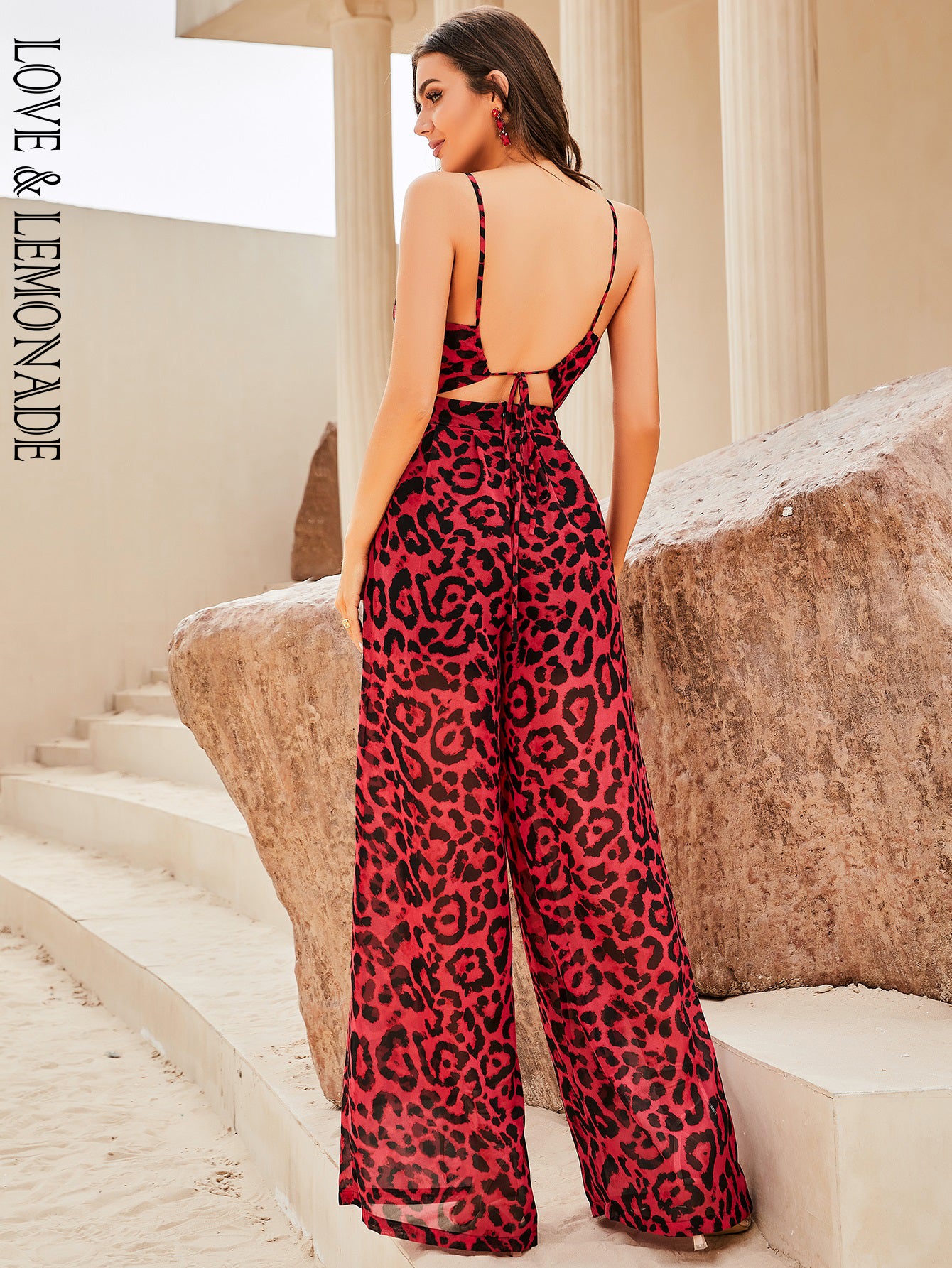 LOVE&LEMONADE Sexy Red Sling Cutout Loose Straight Fit Satin Jumpsuit LM83373