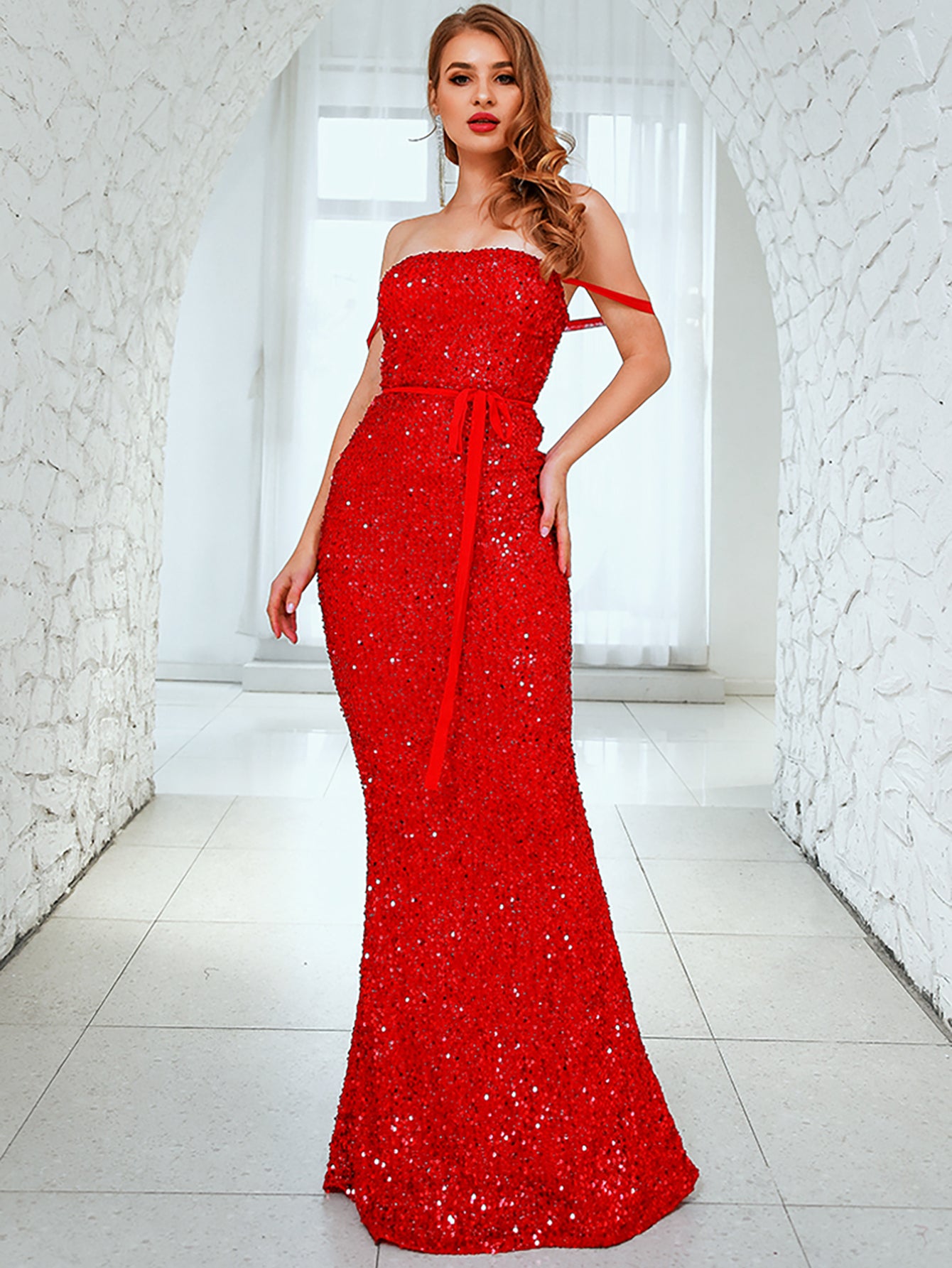 LOVE&LEMONADE Sexy Red Tube Top Open Back Cross Straps Fishtail Shape Sequin Wedding Maxi Dress LM83132