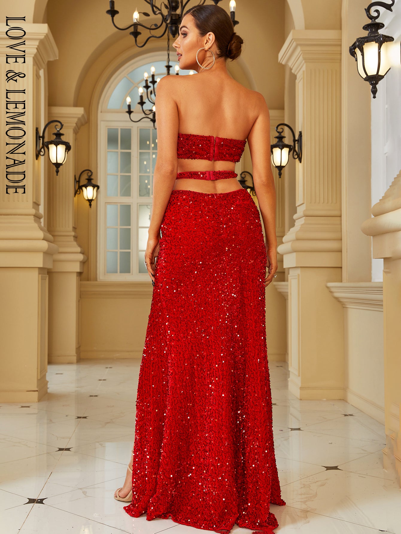 LOVE&LEMONADE Sexy Red Wrap Chest V Neck One Side Cutout Stretch Tassel Sequin Fitted Party Long Dress LM84229