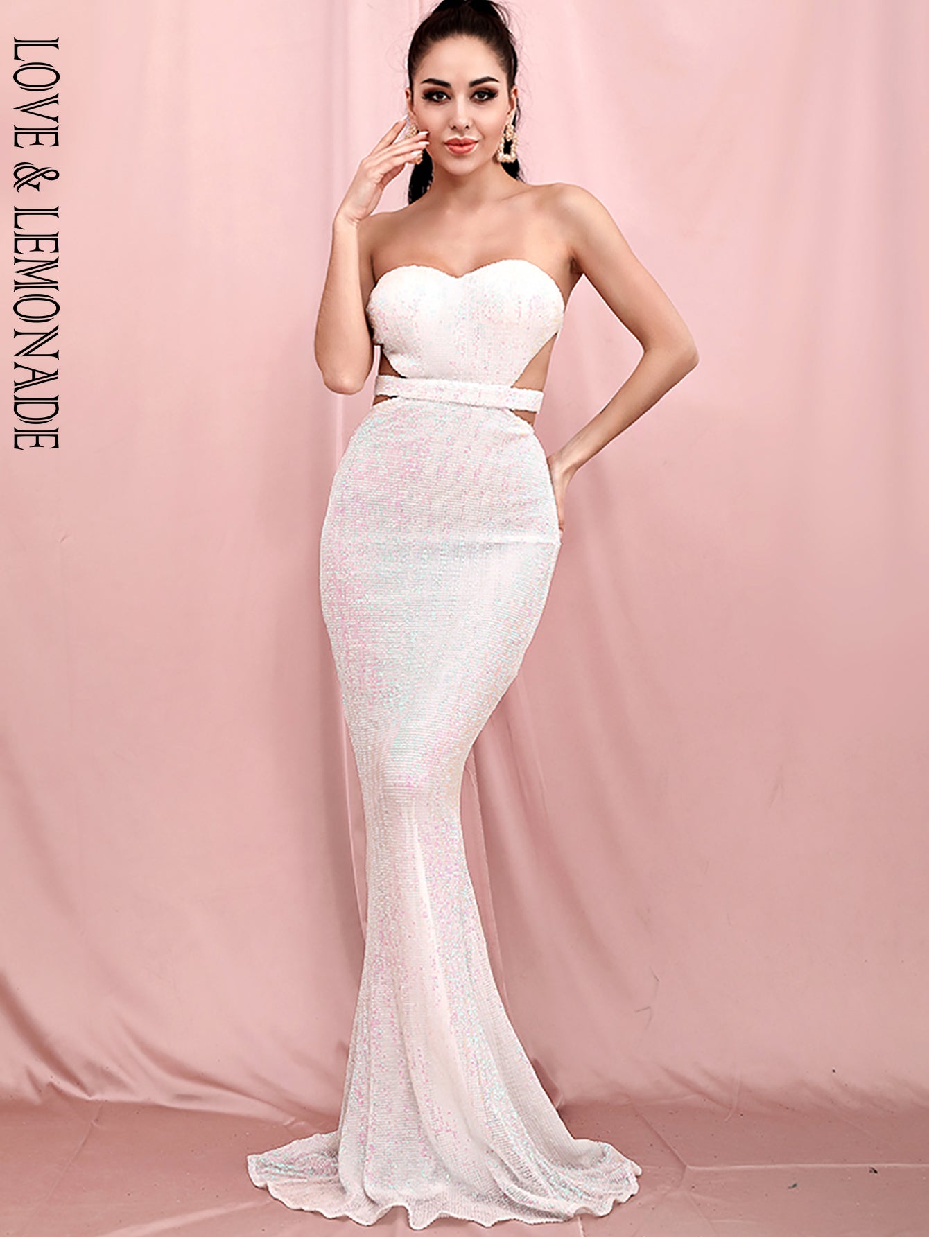LOVE&LEMONADE Sexy Reflective White Tube Top Cut Out Backless Bodycon Elastic Sequins Dinner Maxi Dress LM81335-1