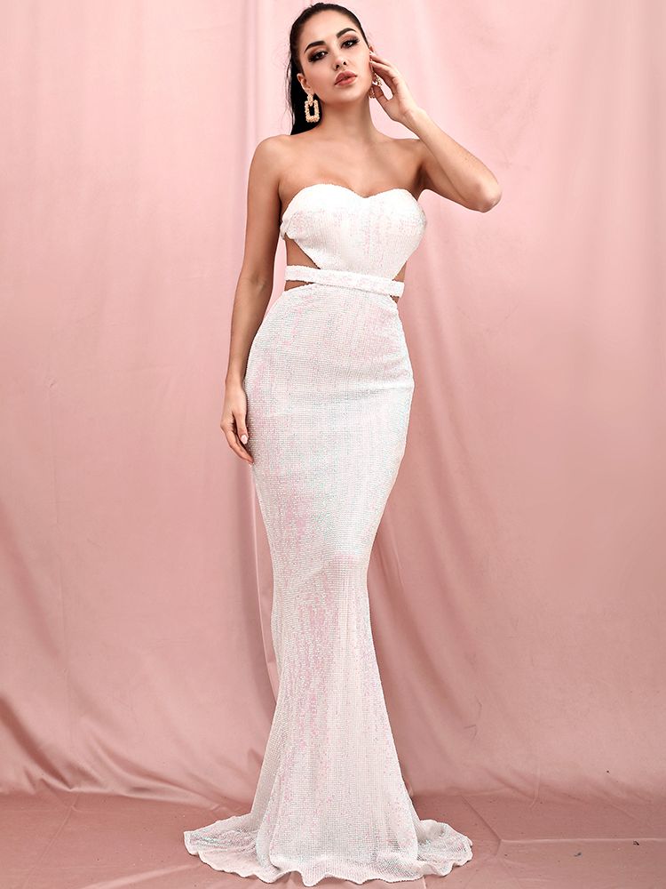 LOVE&LEMONADE Sexy Reflective White Tube Top Cut Out Backless Bodycon Elastic Sequins Dinner Maxi Dress LM81335-1