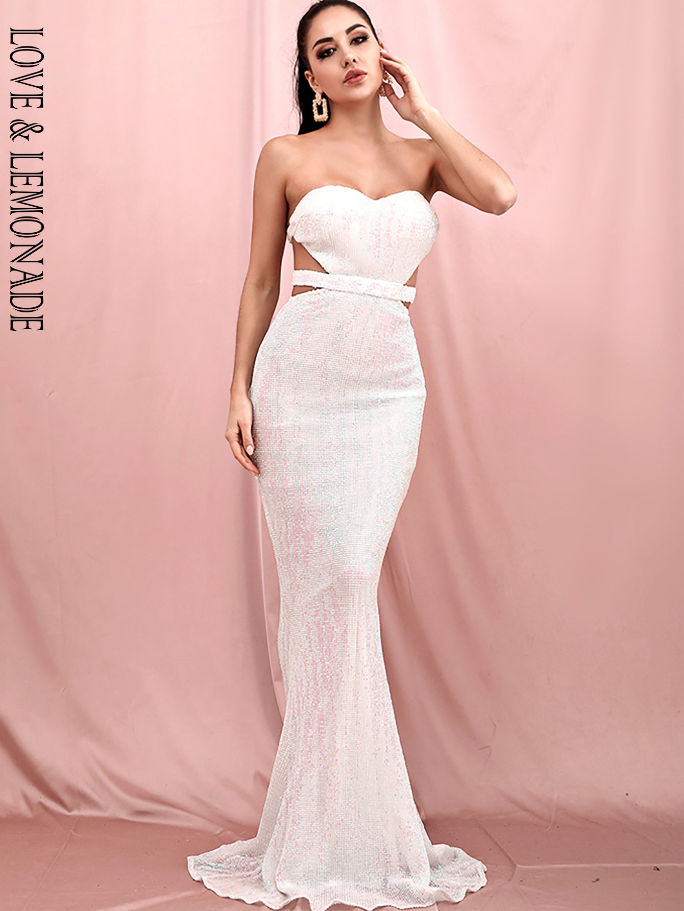 LOVE&LEMONADE Sexy Reflective White Tube Top Cut Out Backless Bodycon Elastic Sequins Dinner Maxi Dress LM81335-1