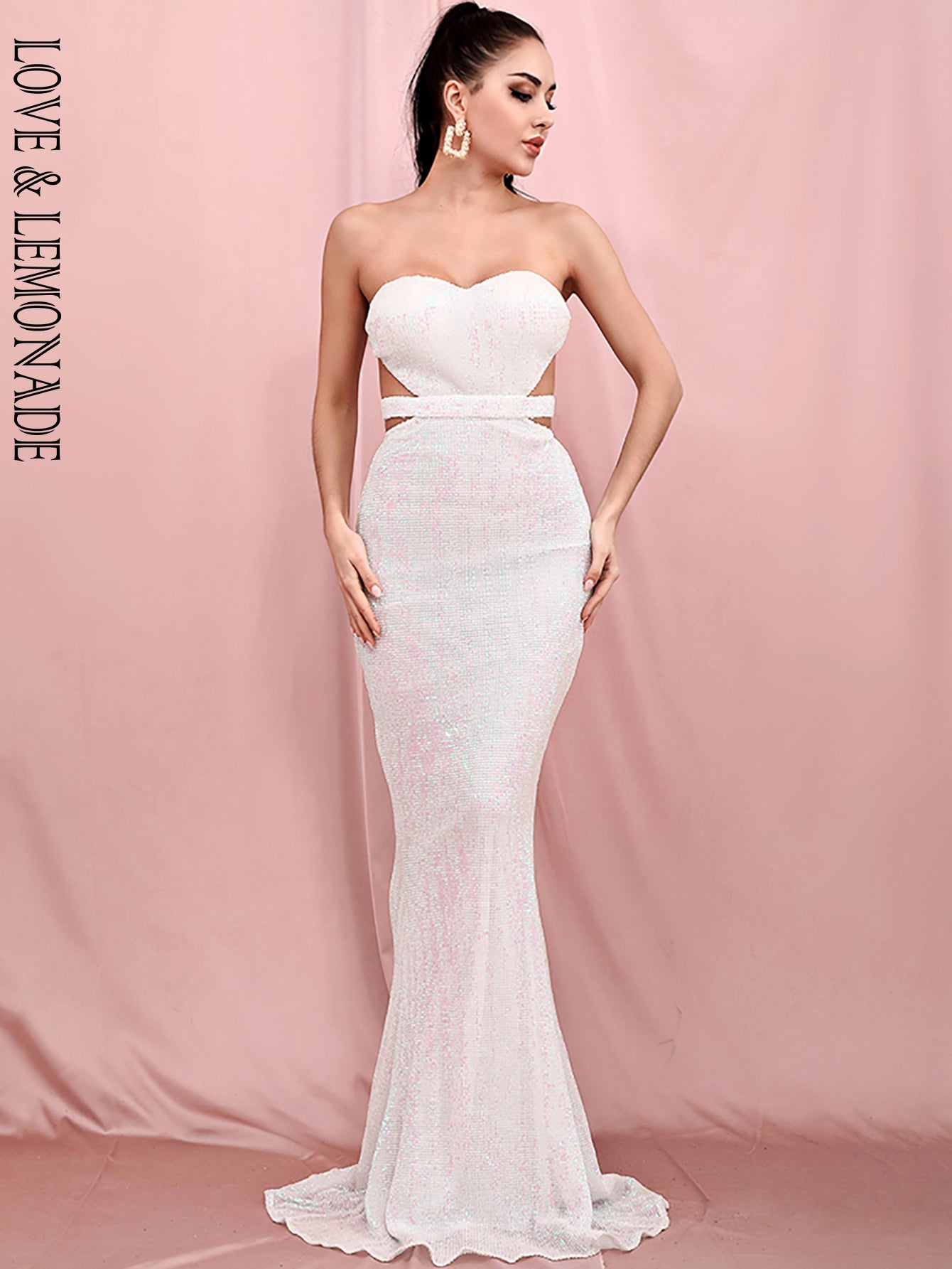 LOVE&LEMONADE Sexy Reflective White Tube Top Cut Out Backless Bodycon Elastic Sequins Dinner Maxi Dress LM81335-1