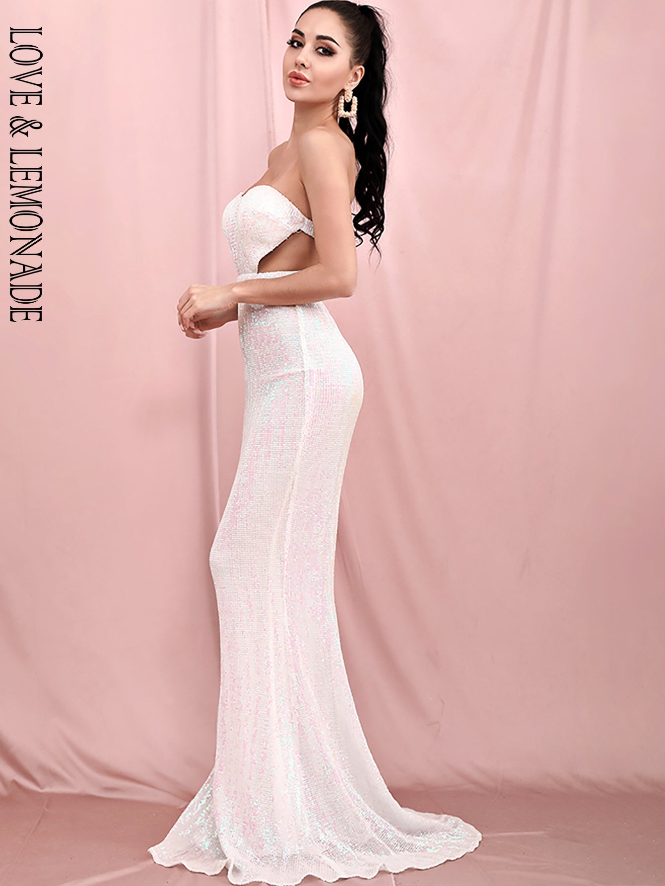 LOVE&LEMONADE Sexy Reflective White Tube Top Cut Out Backless Bodycon Elastic Sequins Dinner Maxi Dress LM81335-1