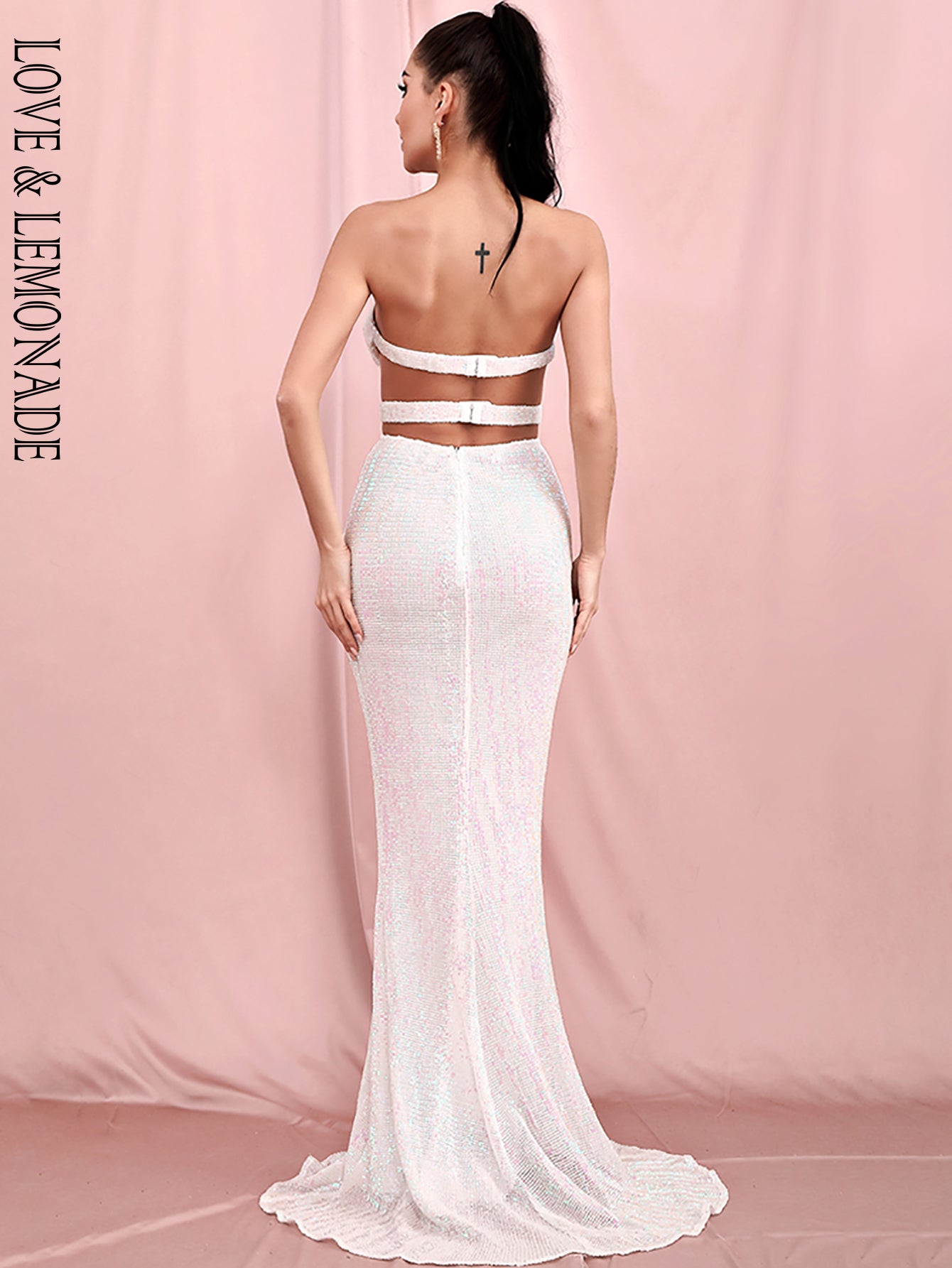 LOVE&LEMONADE Sexy Reflective White Tube Top Cut Out Backless Bodycon Elastic Sequins Dinner Maxi Dress LM81335-1