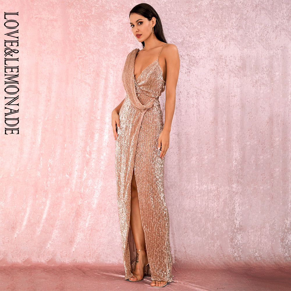 LOVE&LEMONADE Sexy Rose Gold Deep V-Neck Whit Split Sequins Party Maxi Dress LM81849