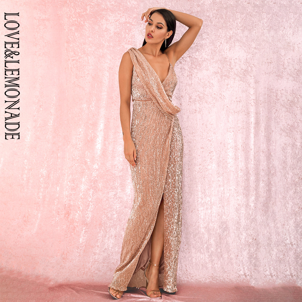 LOVE&LEMONADE Sexy Rose Gold Deep V-Neck Whit Split Sequins Party Maxi Dress LM81849