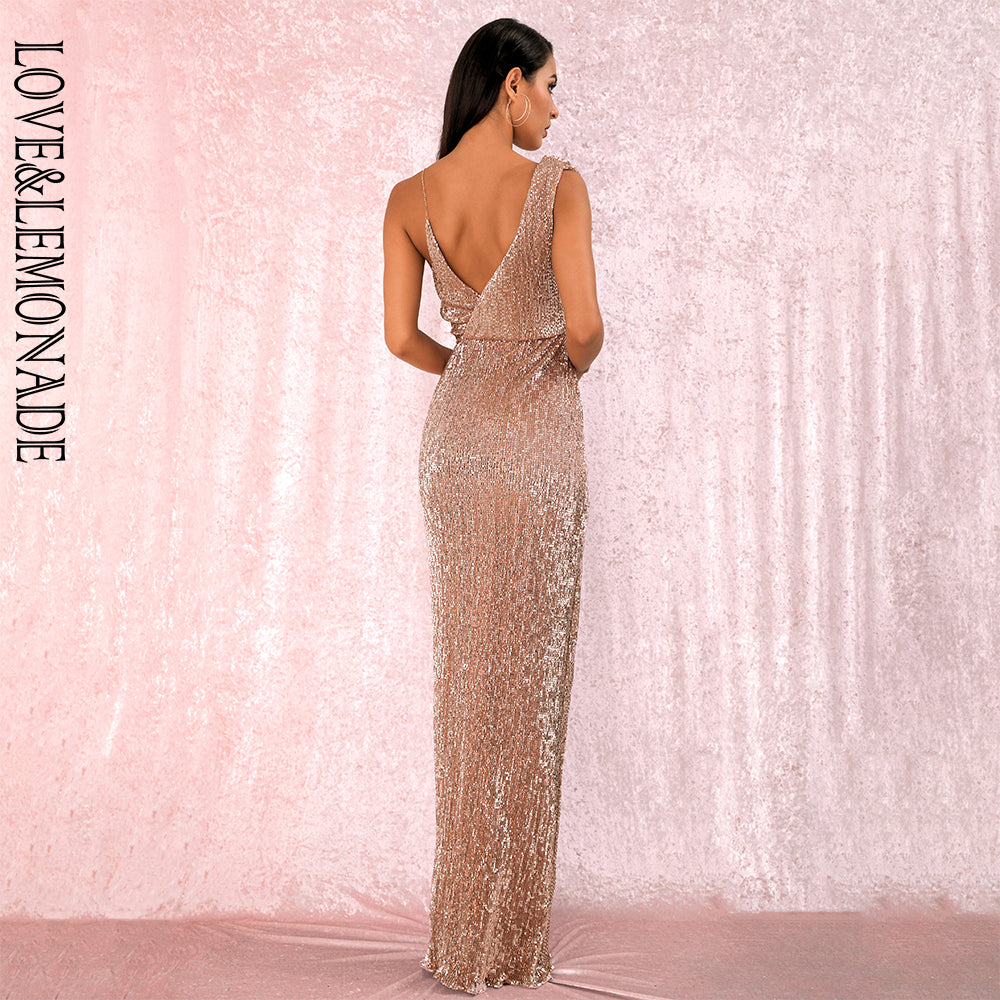 LOVE&LEMONADE Sexy Rose Gold Deep V-Neck Whit Split Sequins Party Maxi Dress LM81849