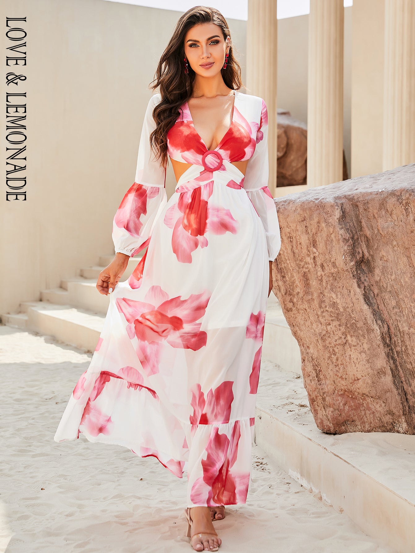 LOVE&LEMONADE Sexy White Deep V Neck Printed Long Sleeve Tunic Cutout Beach Dress LM84339