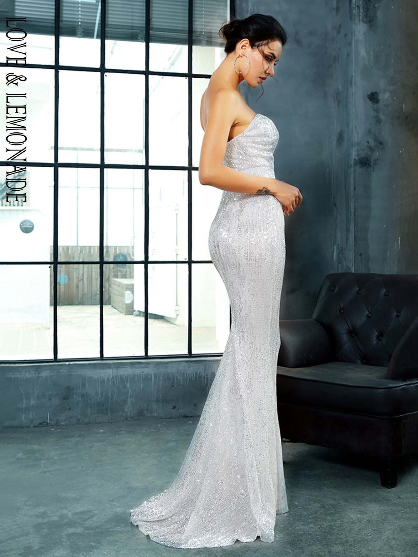 LOVE&LEMONADE Silver Tube Top Slim Elastic Sequin Long dress LM81142-1