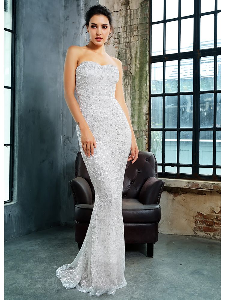 LOVE&LEMONADE Silver Tube Top Slim Elastic Sequin Long dress LM81142-1