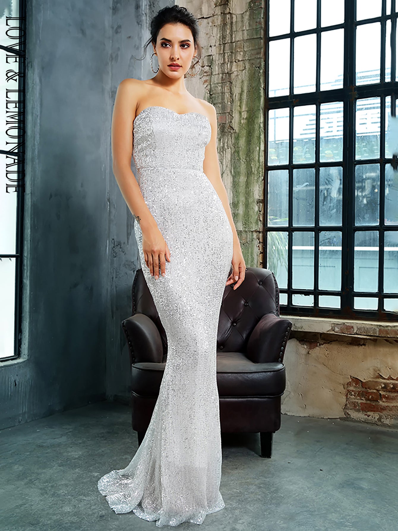 LOVE&LEMONADE Silver Tube Top Slim Elastic Sequin Long dress LM81142-1