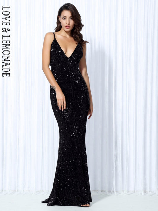 LOVE&amp;LEMONADE  Black Elastic Sequin V Collar Exposed Back Long Dress LM80119