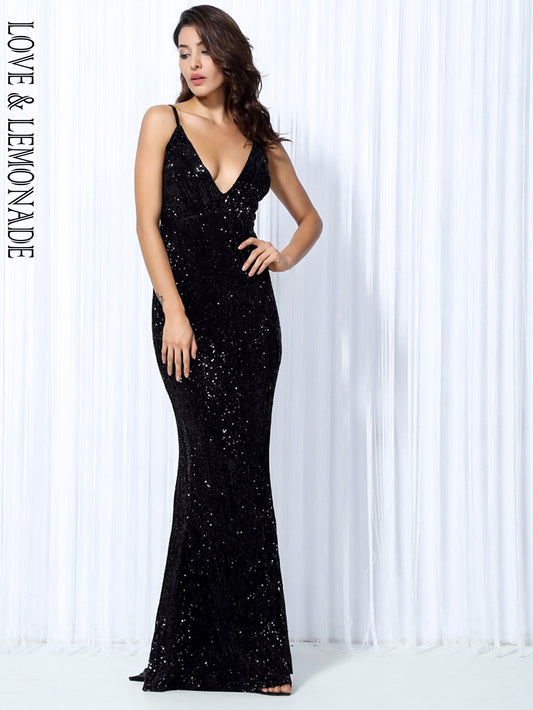 LOVE&amp;LEMONADE  Black Elastic Sequin V Collar Exposed Back Long Dress LM80119