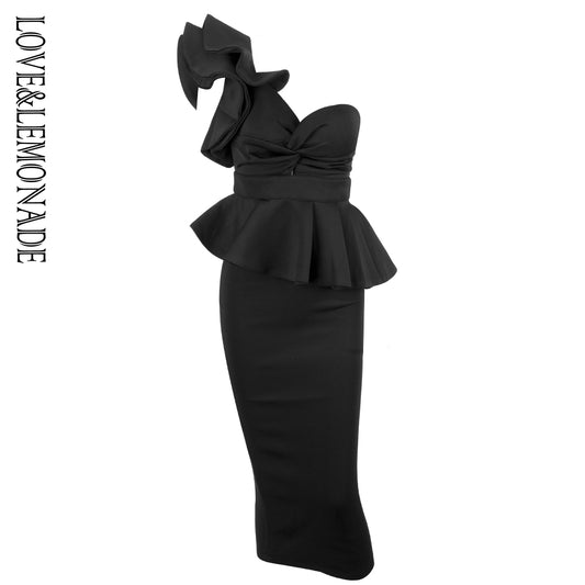 LOVE&amp;LEMONADE  Black One-Shoulder Ruffle Trim Two-Pieces Slim Sets LM81241