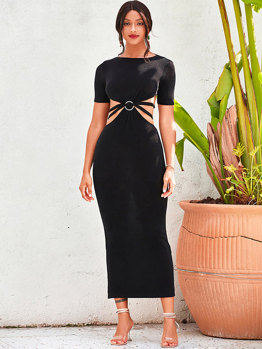 LOVE&amp;LEMONADE  Black Round Neck Short Sleeves Open Back Metal Ring Thin Belt Bodycon Knitted Midi Dress AD03099