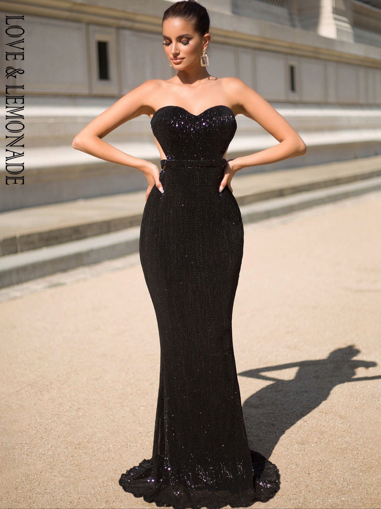 LOVE&amp;LEMONADE Black Sexy Tube Top Open Back Bodycon Sequin Prom Maxi Dress LM81335