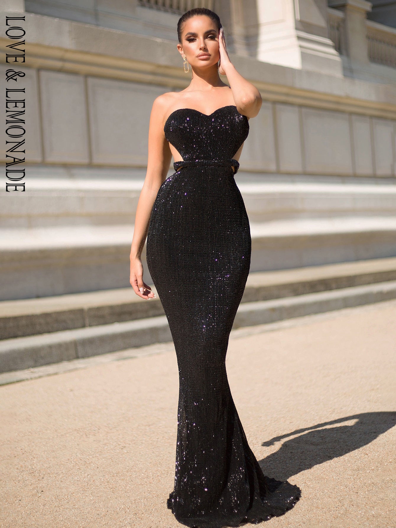 LOVE&amp;LEMONADE Black Sexy Tube Top Open Back Bodycon Sequin Prom Maxi Dress LM81335