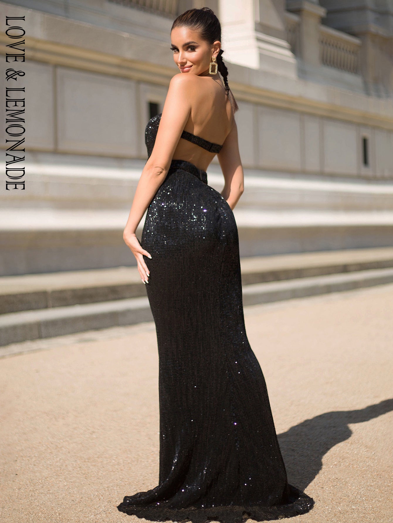 LOVE&amp;LEMONADE Black Sexy Tube Top Open Back Bodycon Sequin Prom Maxi Dress LM81335