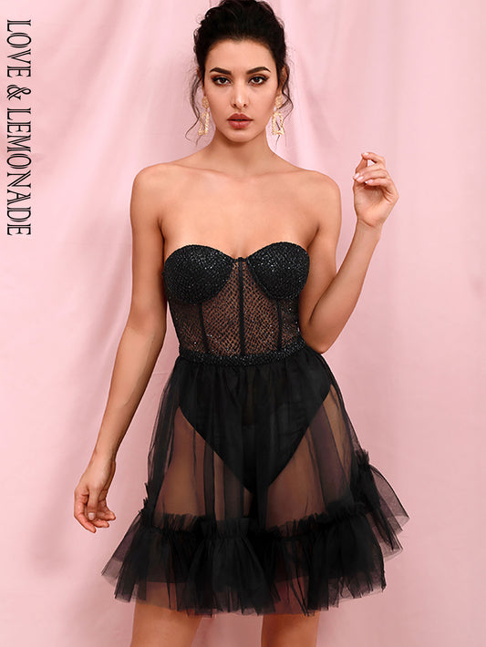 LOVE&amp;LEMONADE Black Sexy Tube Top Perspective Mesh Fluffy Shape Glitter Glued Party Mini Dress LM82353