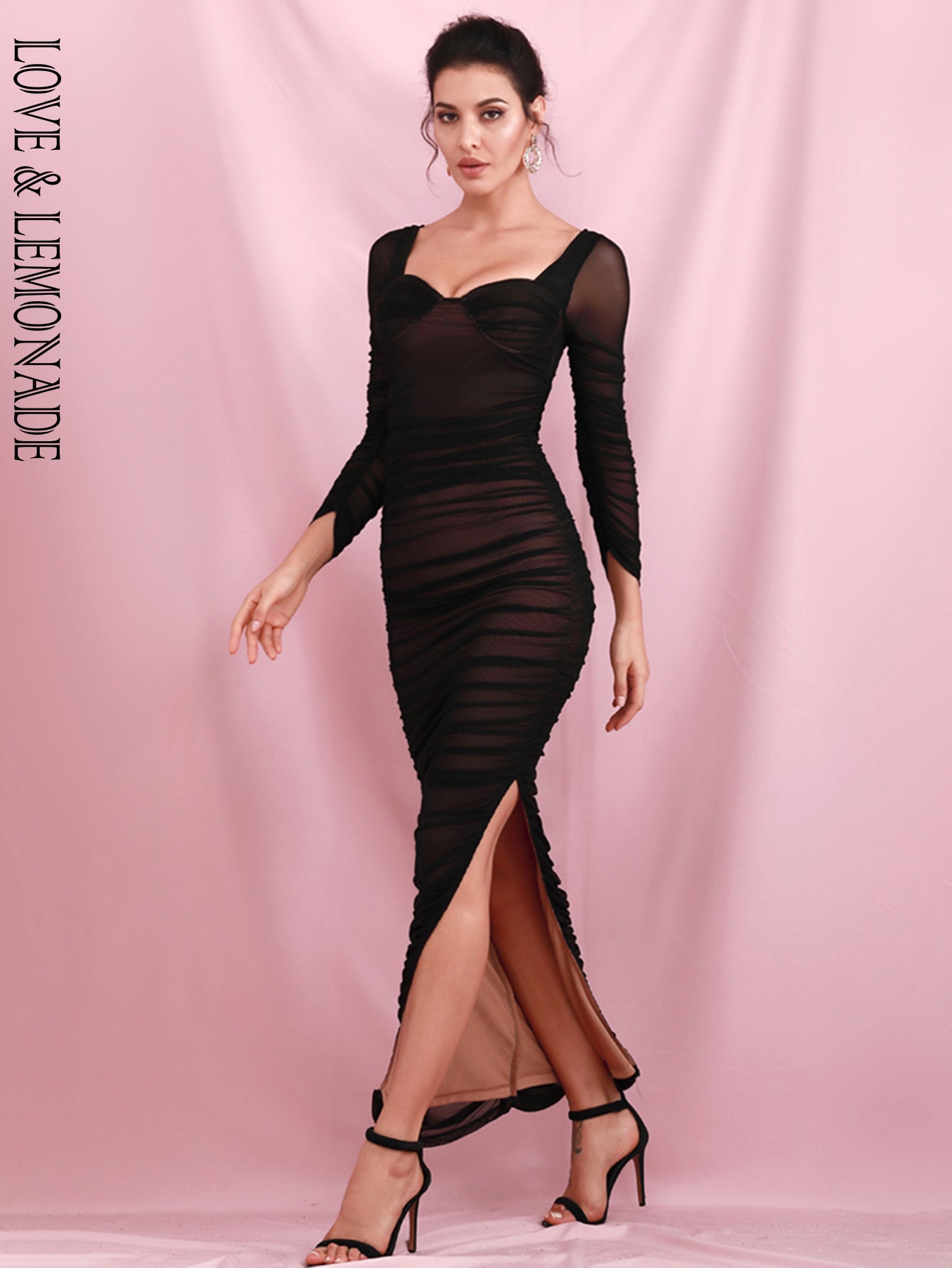 LOVE&amp;LEMONADE Black Tube Top Mesh Lined Contrast Slim Long Sleeves Side Split Maxi Dress LM82180