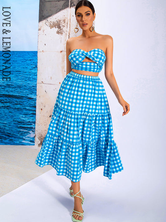 LOVE&amp;LEMONADE Blue Sexy Wrap Chest Open Back Plaid Two-Piece Set WT/S03440-1-BLUE