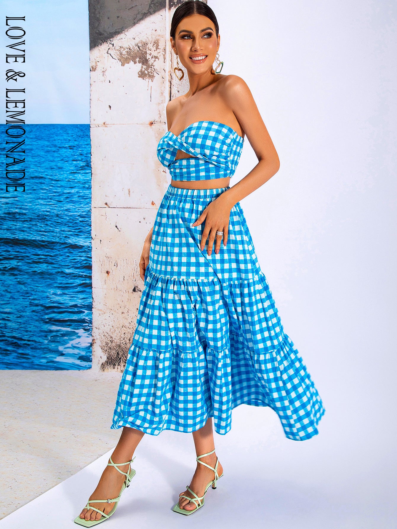 LOVE&amp;LEMONADE Blue Sexy Wrap Chest Open Back Plaid Two-Piece Set WT/S03440-1-BLUE