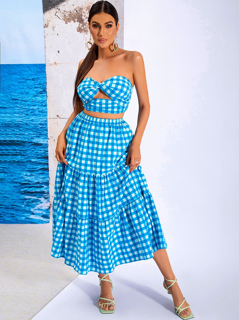 LOVE&amp;LEMONADE Blue Sexy Wrap Chest Open Back Plaid Two-Piece Set WT/S03440-1-BLUE