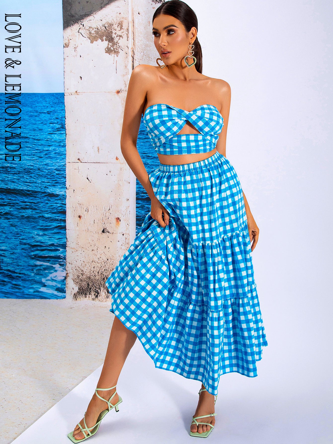 LOVE&amp;LEMONADE Blue Sexy Wrap Chest Open Back Plaid Two-Piece Set WT/S03440-1-BLUE