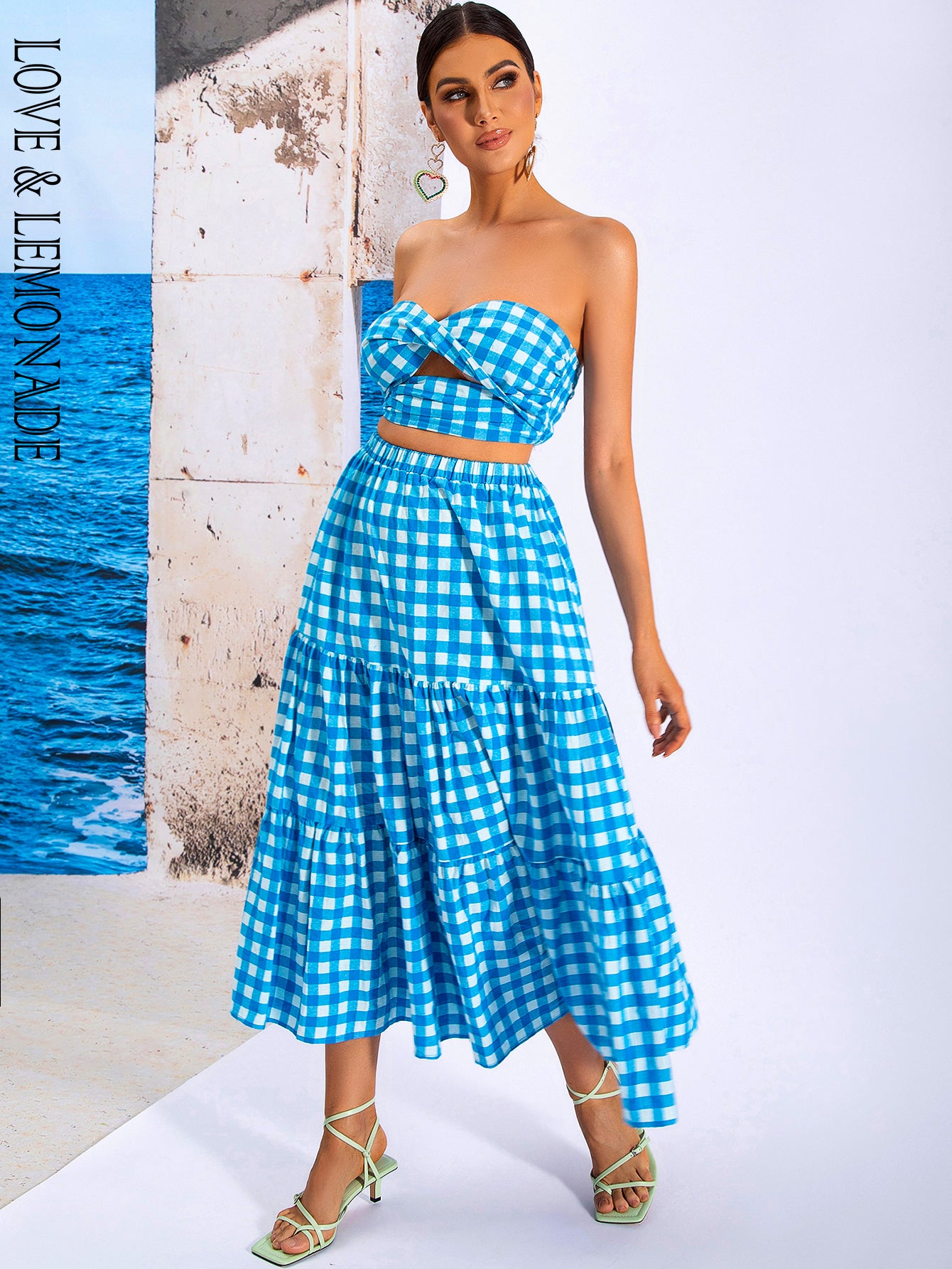 LOVE&amp;LEMONADE Blue Sexy Wrap Chest Open Back Plaid Two-Piece Set WT/S03440-1-BLUE