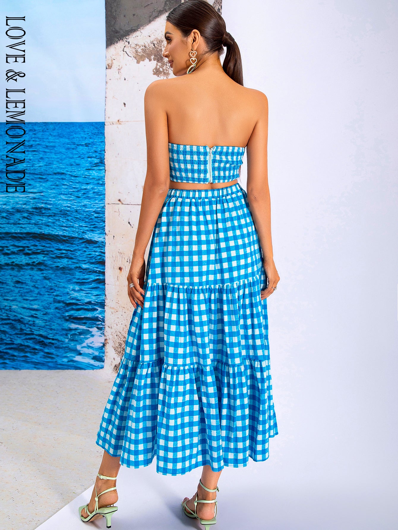 LOVE&amp;LEMONADE Blue Sexy Wrap Chest Open Back Plaid Two-Piece Set WT/S03440-1-BLUE