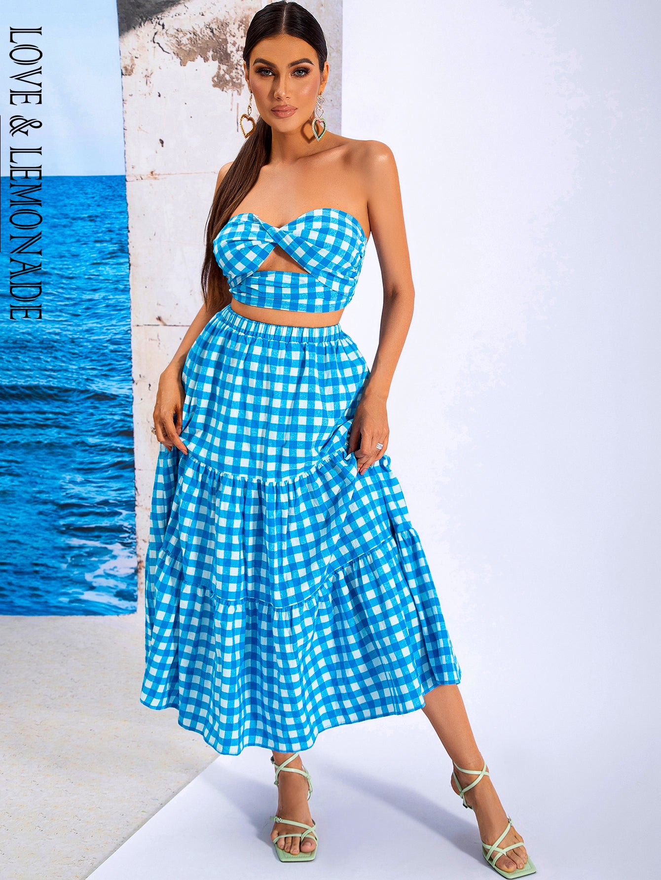 LOVE&amp;LEMONADE Blue Sexy Wrap Chest Open Back Plaid Two-Piece Set WT/S03440-1-BLUE